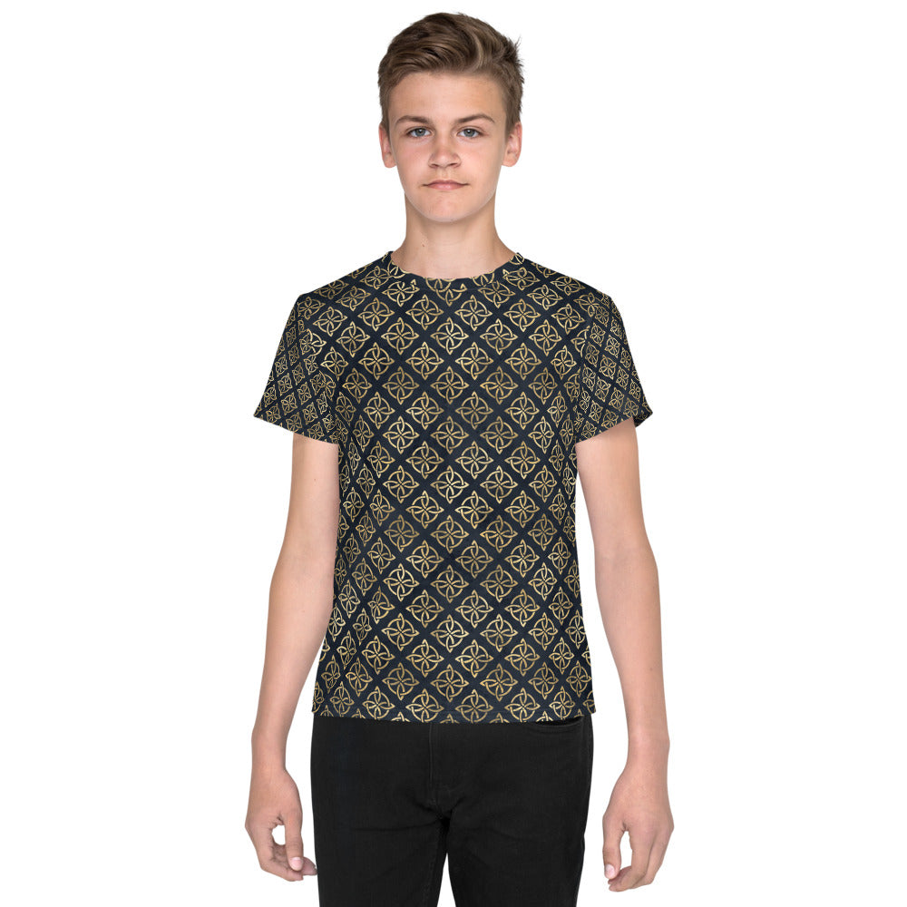 Gold Quaternary Celtic Knots on Distressed Navy Blue - Youth T-Shirt-Kid's T-Shirt-Clover & Thistle