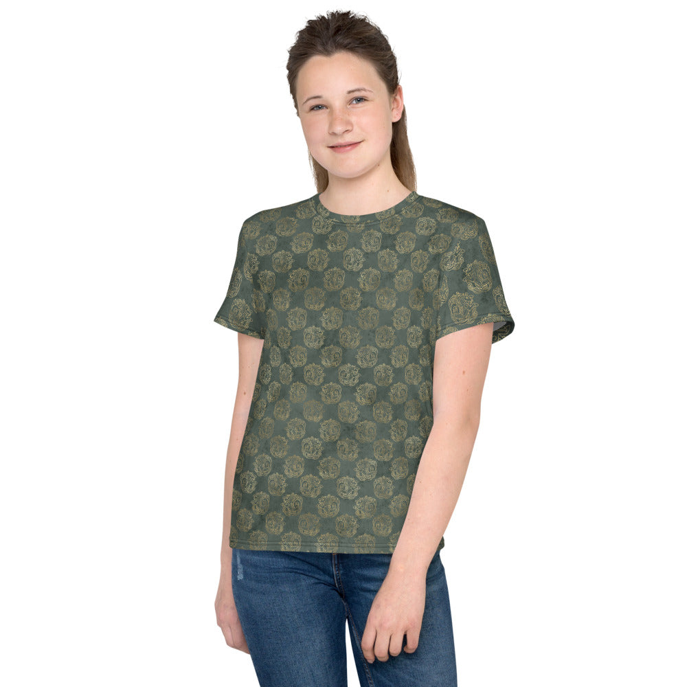 Gold Celtic Knot Horses on Distressed Green - Youth crew neck t-shirt-Clover & Thistle