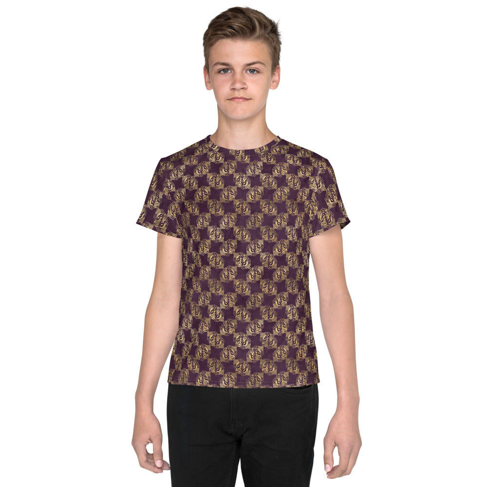 Gold Double Celtic Dragons on Distressed Purple - Youth crew neck t-shirt