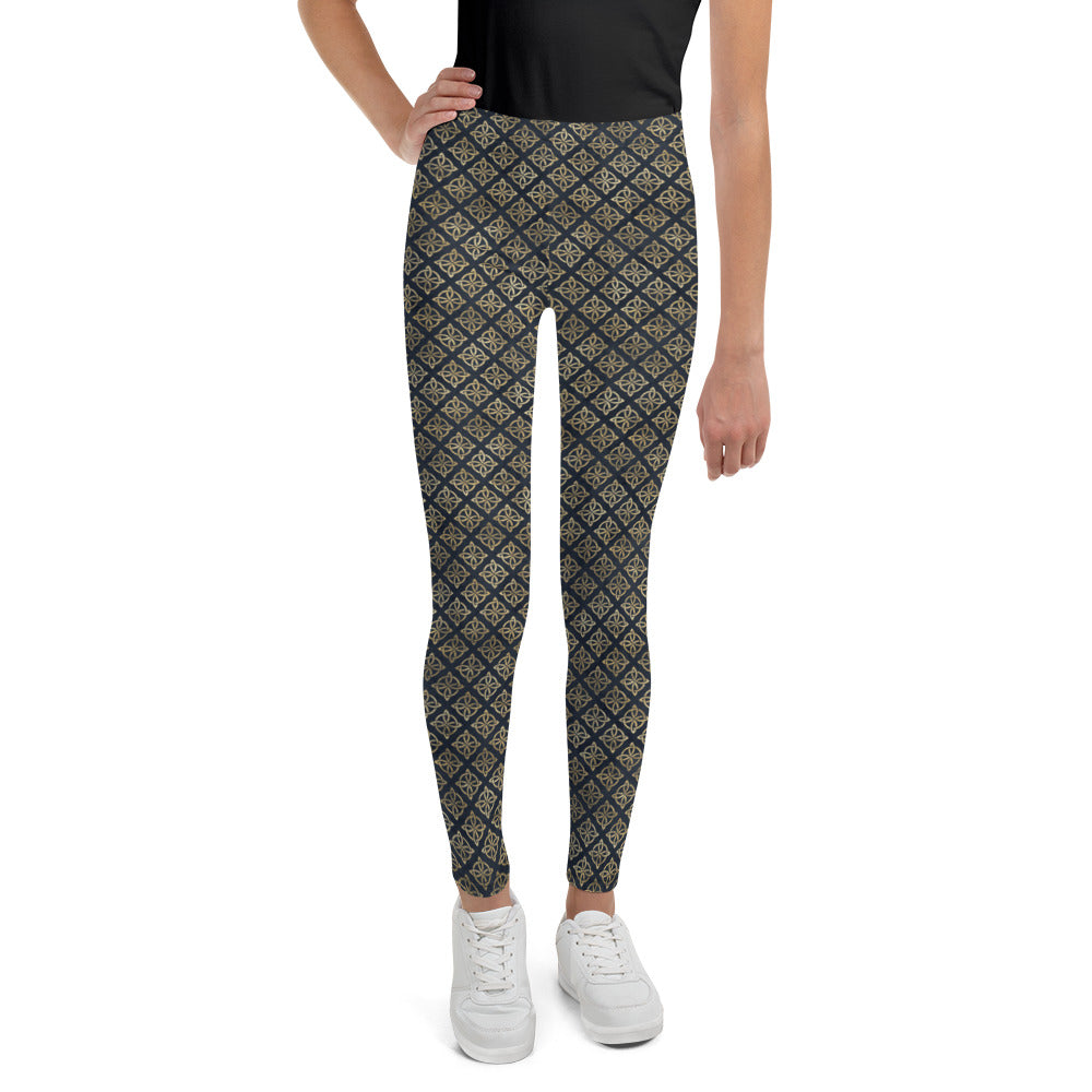 Gold Quaternary Celtic Knots on Distressed Navy Blue - Youth Leggings-Leggings-Clover & Thistle