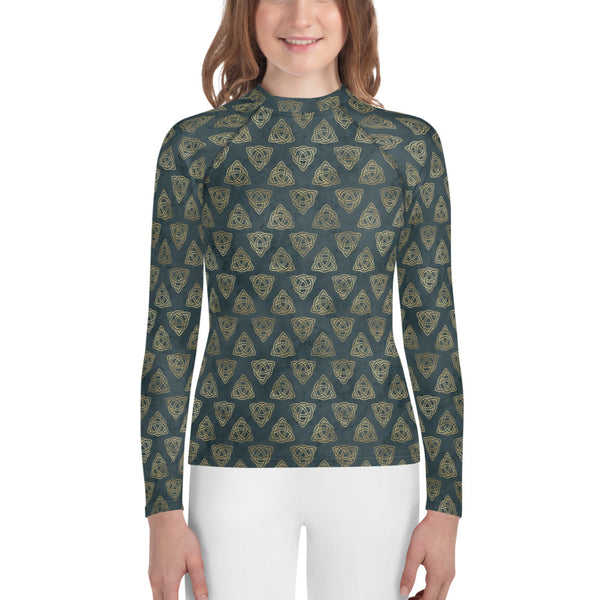 Triquetra Celtic Knots | Distressed Teal | Gold | Youth Rash Guard