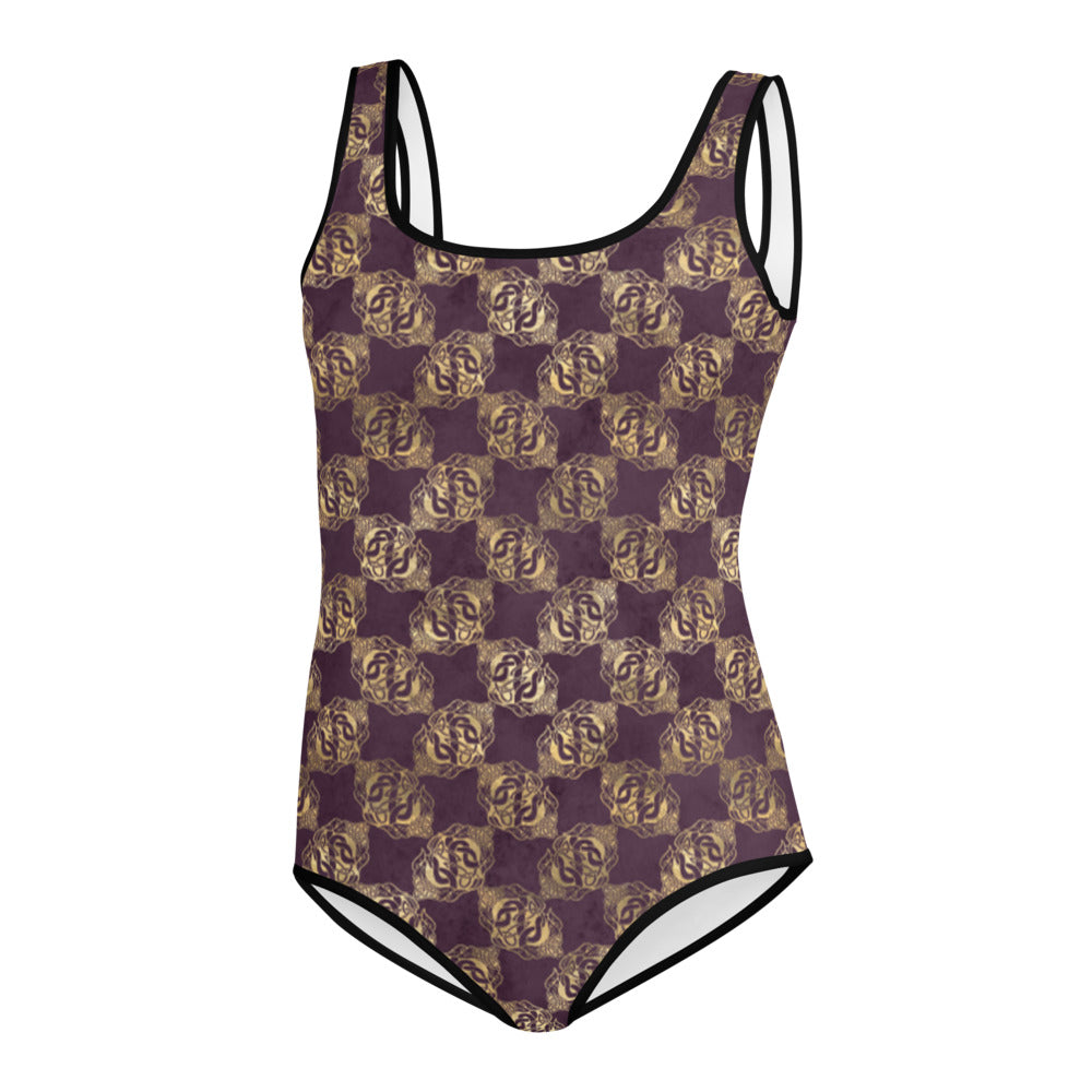 Gold Double Celtic Dragons on Distressed Purple - Youth Swimsuit