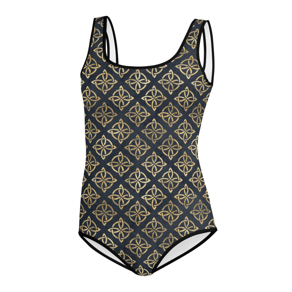 Gold Quaternary Celtic Knots on Distressed Navy Blue - Youth Swimsuit