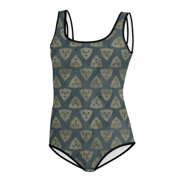 Triquetra Celtic Knots | Distressed Teal | Gold | Youth Swimsuit