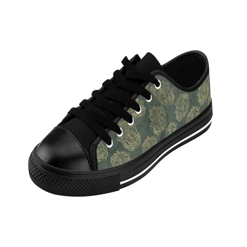 Gold Celtic Knot Horses on Distressed Green - Women's Sneakers