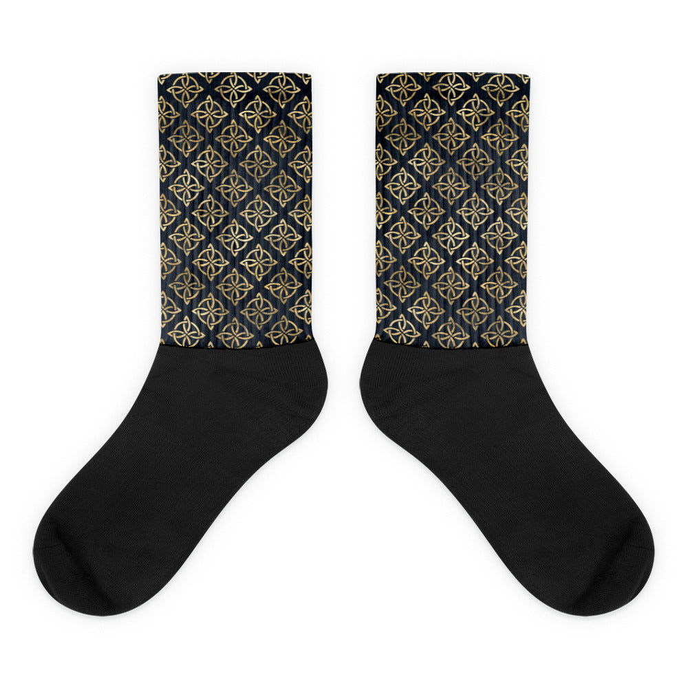Gold Quaternary Celtic Knots on Distressed Navy Blue - Socks-Socks-Clover & Thistle