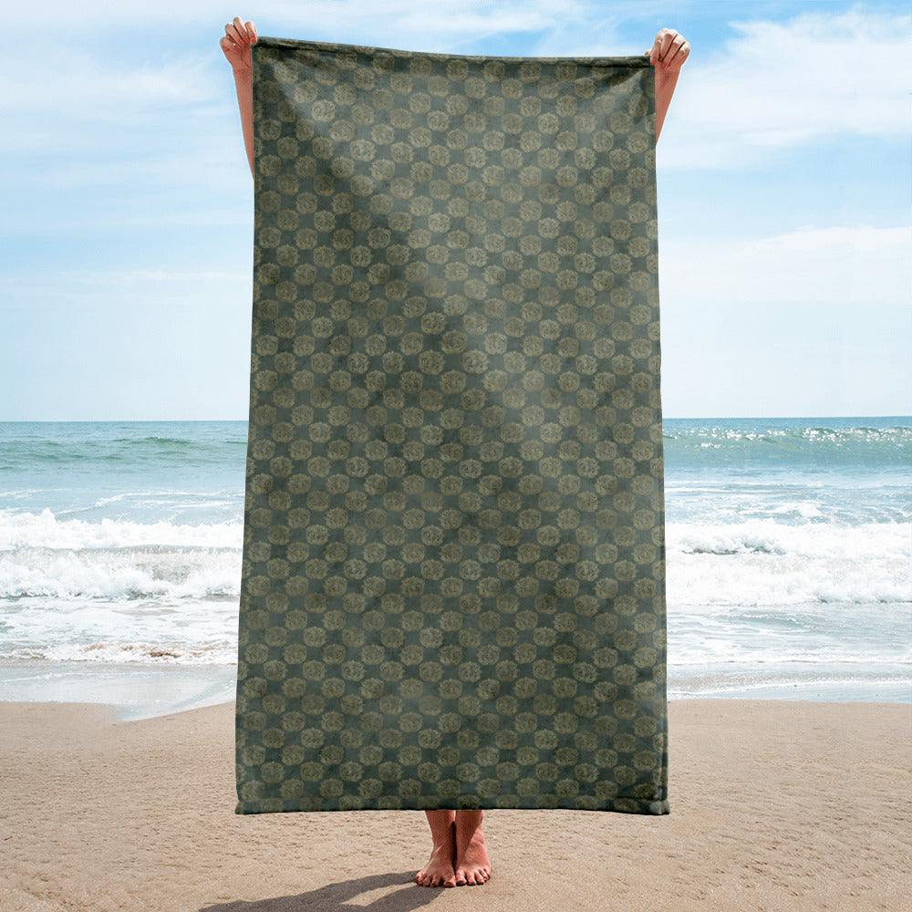 Gold Celtic Knot Horses on Distressed Green - Beach Towel-Clover & Thistle