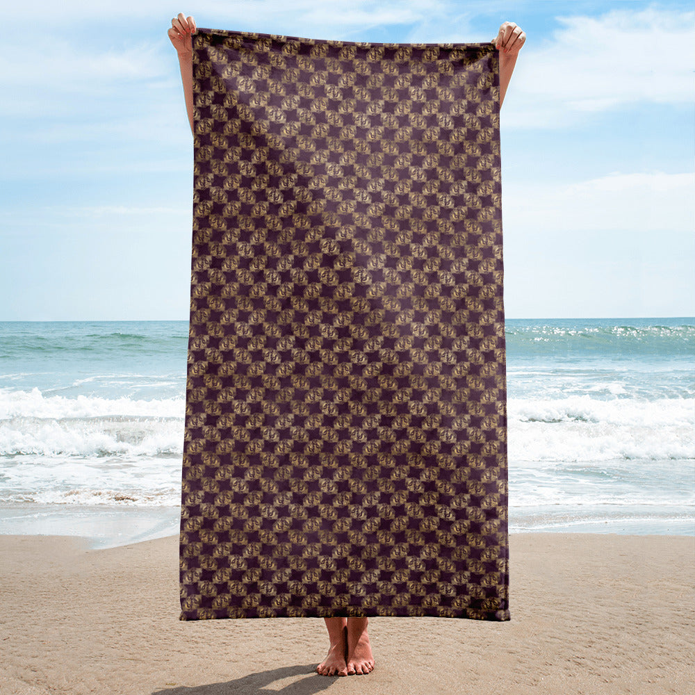 Gold Double Celtic Dragons on Distressed Purple - Beach Towel